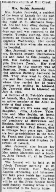 Newspaper obituary of Mrs. Sophia Jacowski, Stevens Point Journal, May 6, 1933